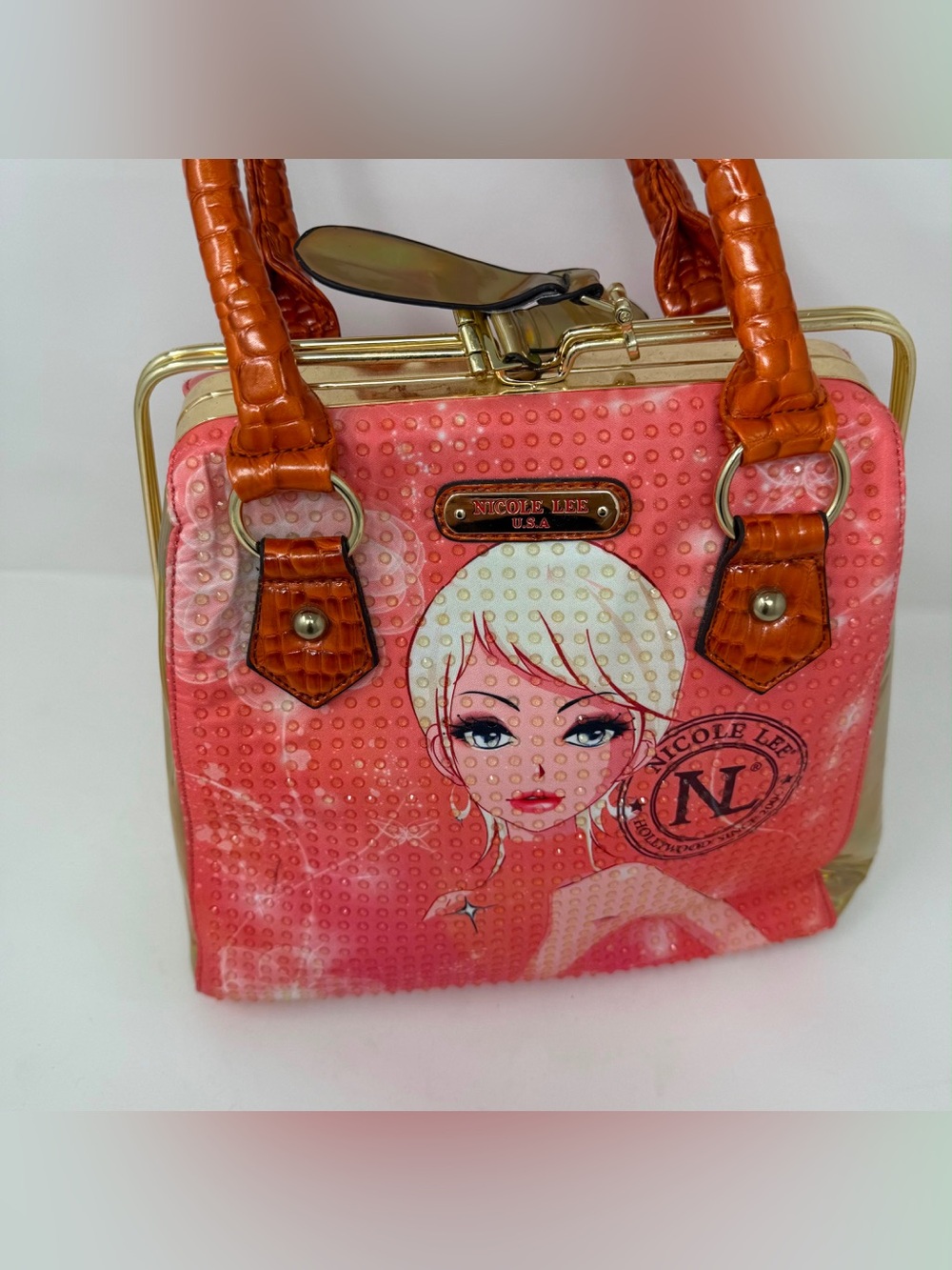 Nicole Lee Coral Pink Graphic Satchel with Orange-Brown Handles